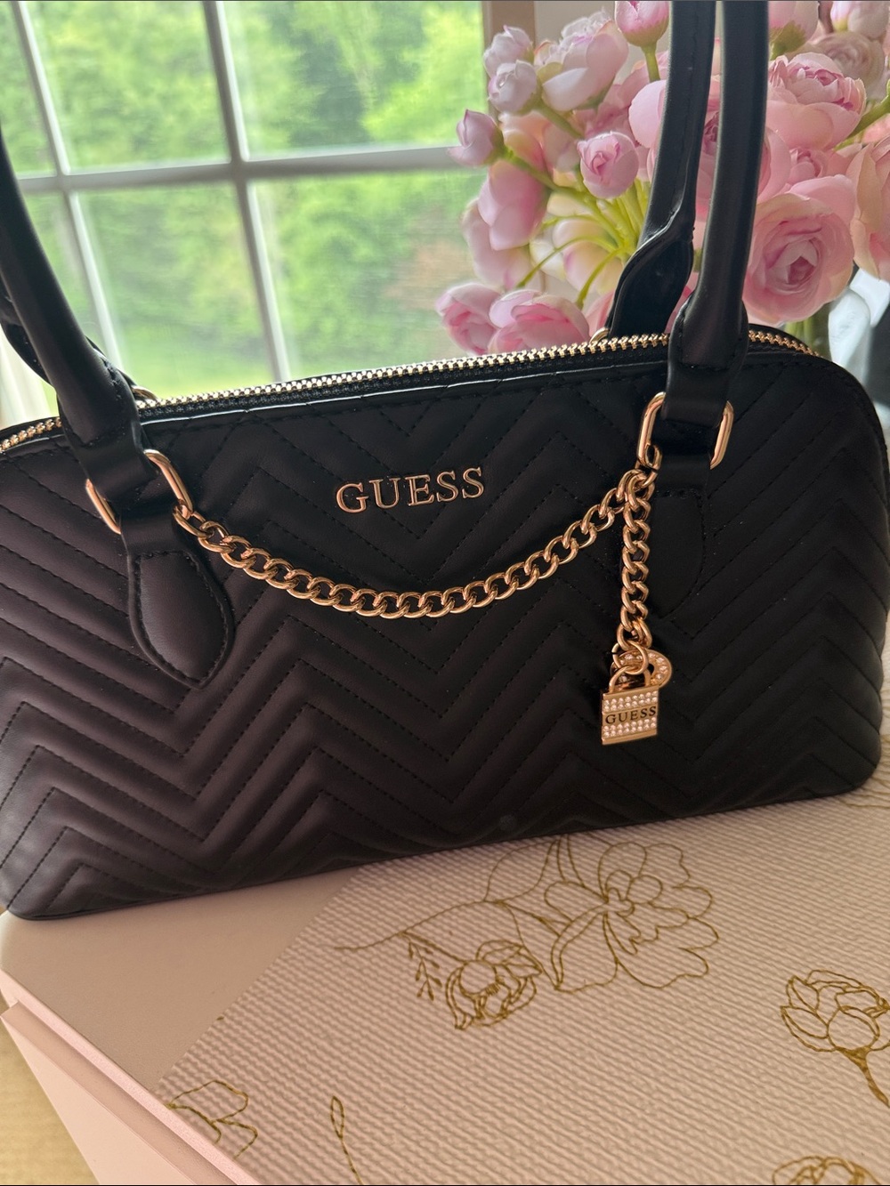 GUESS Black Quilted Satchel with Gold Chain Charm